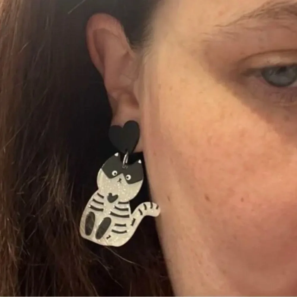 Halloween Goth Lolita Calavera Skeleton Black Kitty Cat Dangle Earrings